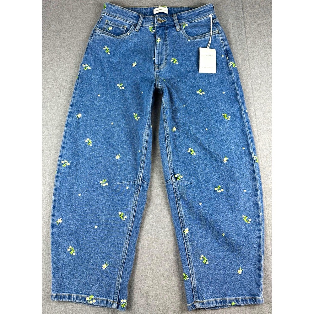 Free Assembly Floral Embroidered Wide Leg Jeans Women's 4 NWT Blue Denim
